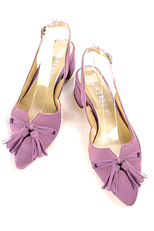 Mauve purple women's open back shoes, with a knot. Tapered toe. Low flare heels. Top view - Florence KOOIJMAN